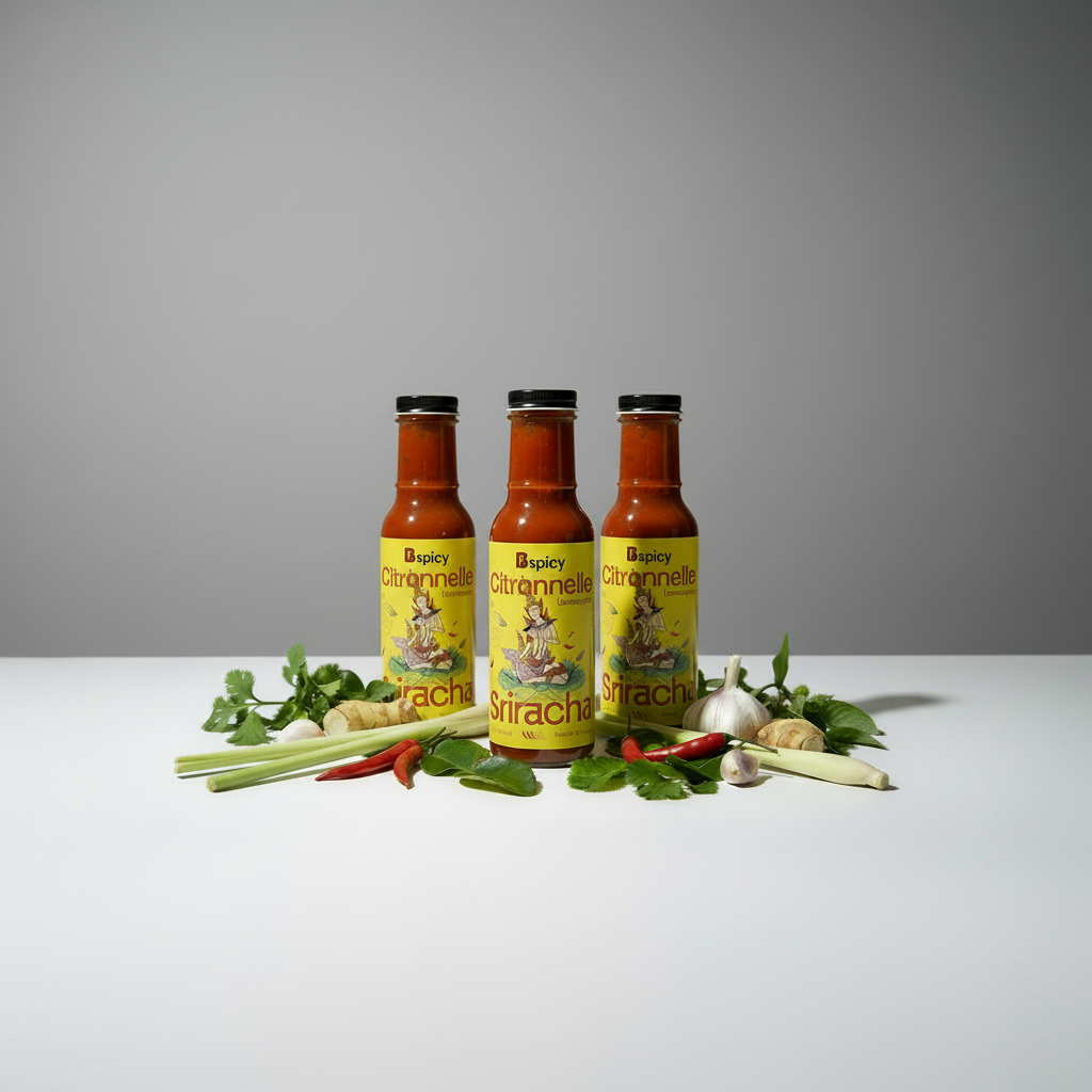 Three Lemongrass Sriracha bottles with herbs on light grey background