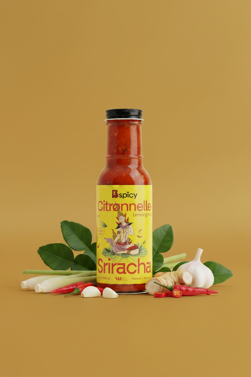 Lemongrass Sriracha - Gold Background with Herbs