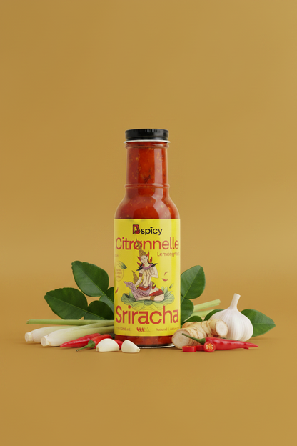 Lemongrass Sriracha - Gold Background with Herbs