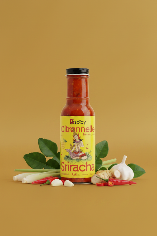 Lemongrass Sriracha - Gold Background with Herbs